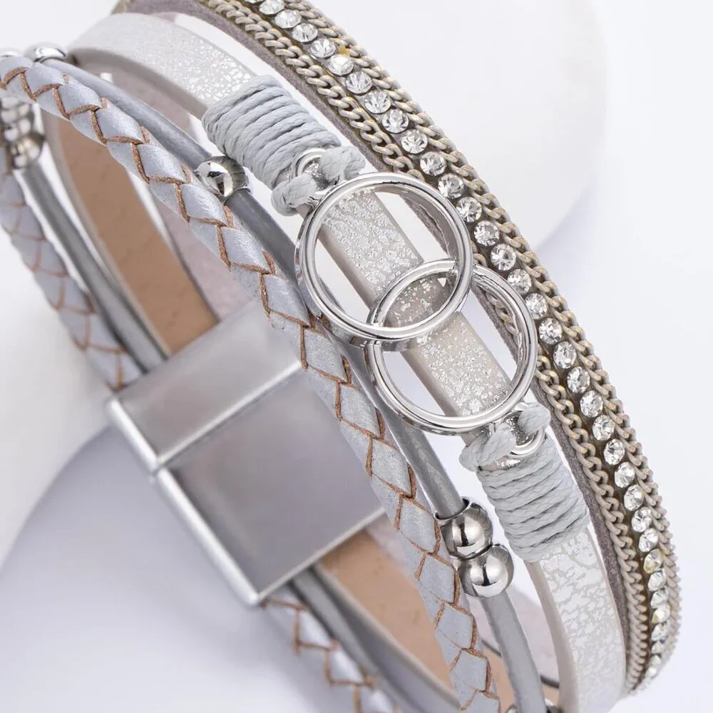 Women's Silver Boho Leather Wrap Stackable Infinity Chunky Cuff Western Bracelet
